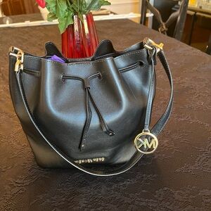 Michael Kors Black Leather Shoulder Bag with Gold Accents